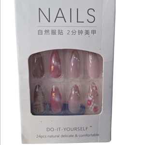 Nails Pink Gold Brown Rhinestone Pearl Daisy Floral Medium Almond False Nails